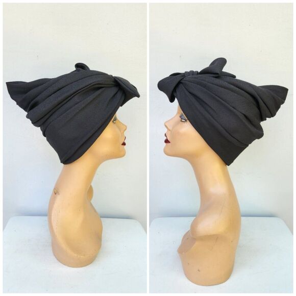 20s 30s Black Vintage Hat - Long Pointed Pleated Hat - Wedding Cocktail Elegant - Picture 2 of 9